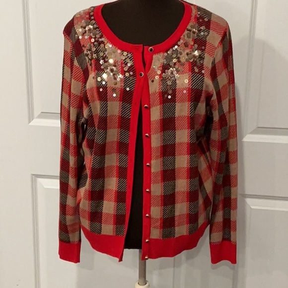 Charter Club Sweaters - Charter Club Red Brown Sequin Gingham Buffalo Plaid Button Down Cardigan Size XL